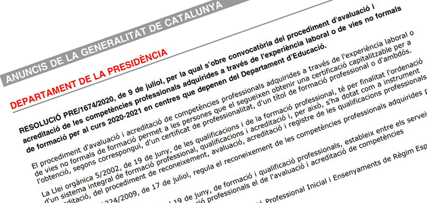 S'obre convocatòria específica del procediment d'avaluació i d'acreditació de competències professio