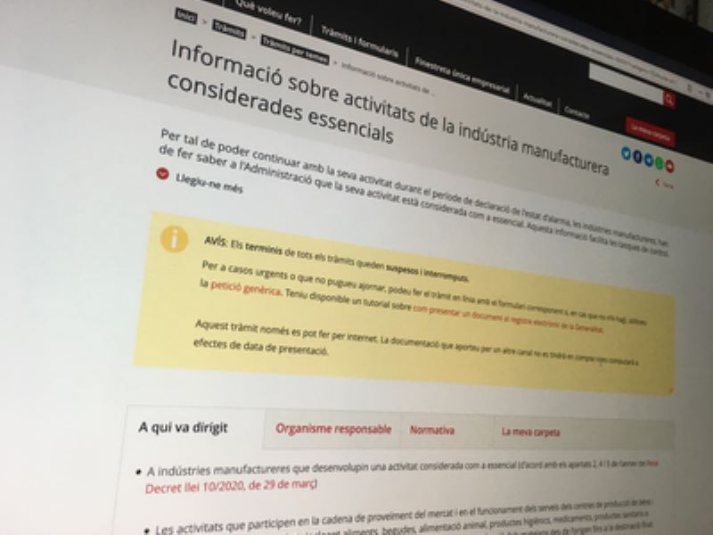 La Generalitat defineix un procediment per garantir l’activitat de les empreses industrials essencia