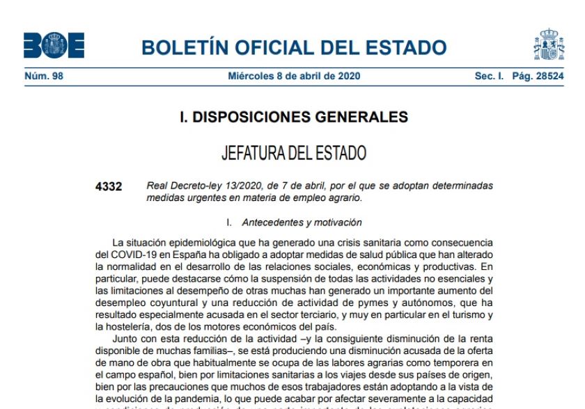 El BOE publica el RDL 13/2020 de mesures en matèria de treball agrari